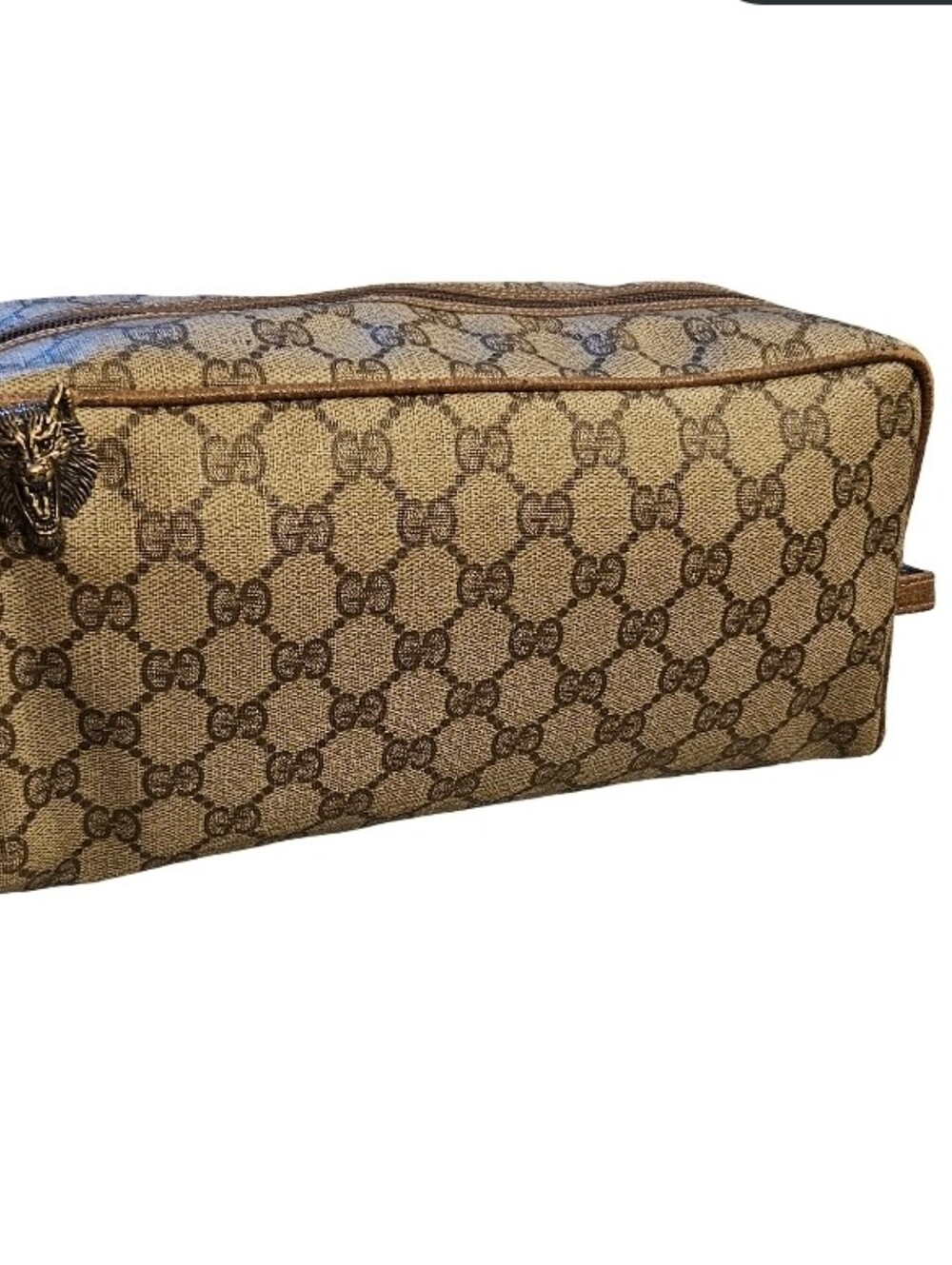 GUCCI GG SUPREME  WOLF Beige Canvas Toiletry travel Bag Wristlet  AUTHENTIC